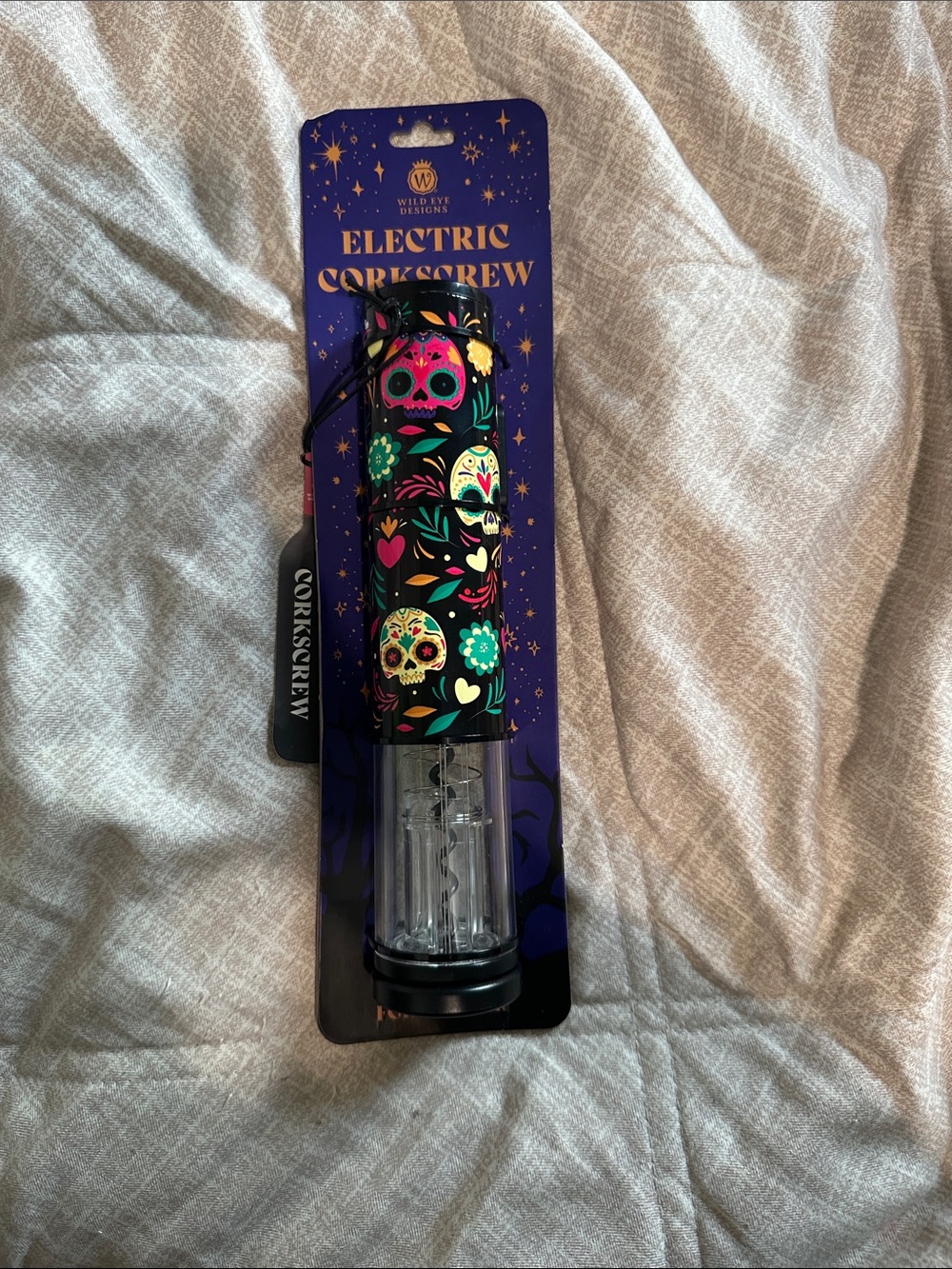 Electric Corkscrew Wine Opener with Day of the DeadColorful Skull Design - Black